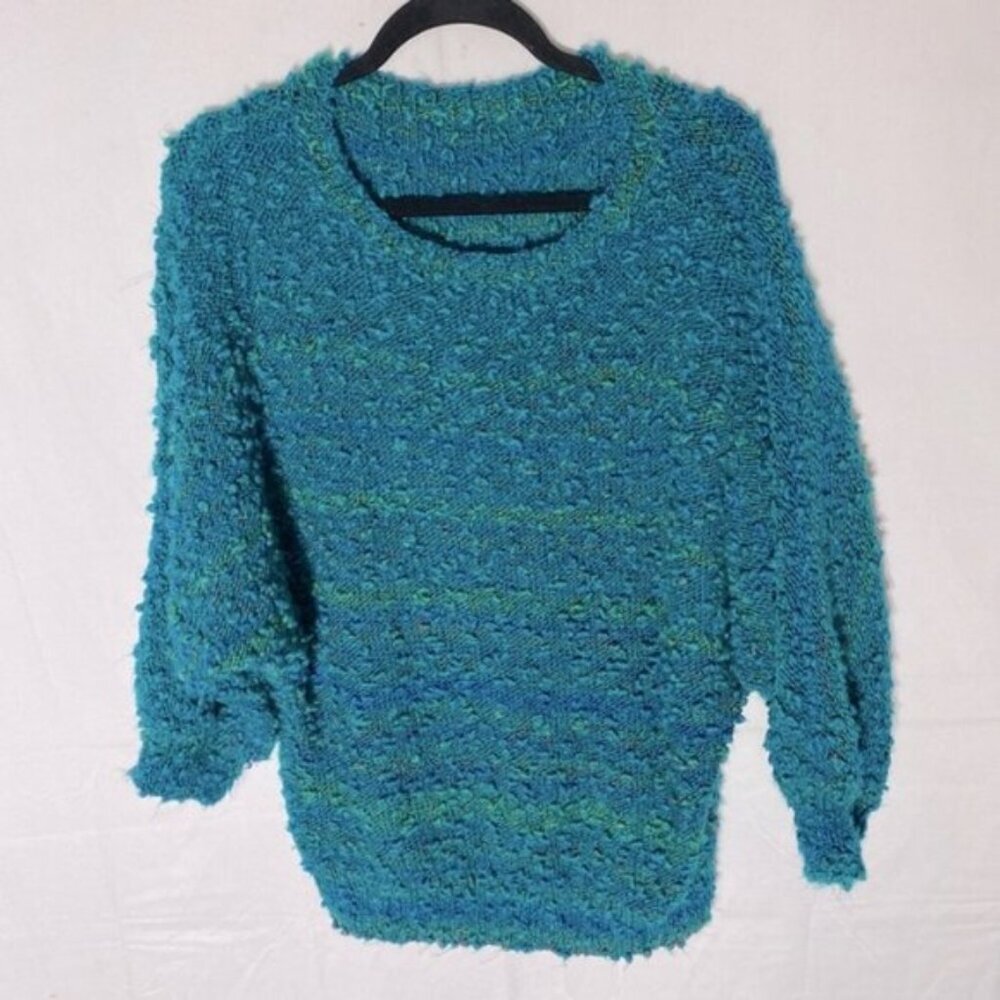 Vintage Oversized Textured Blue Green Striped Knit Dolman 3/4 Sleeve Sweater M